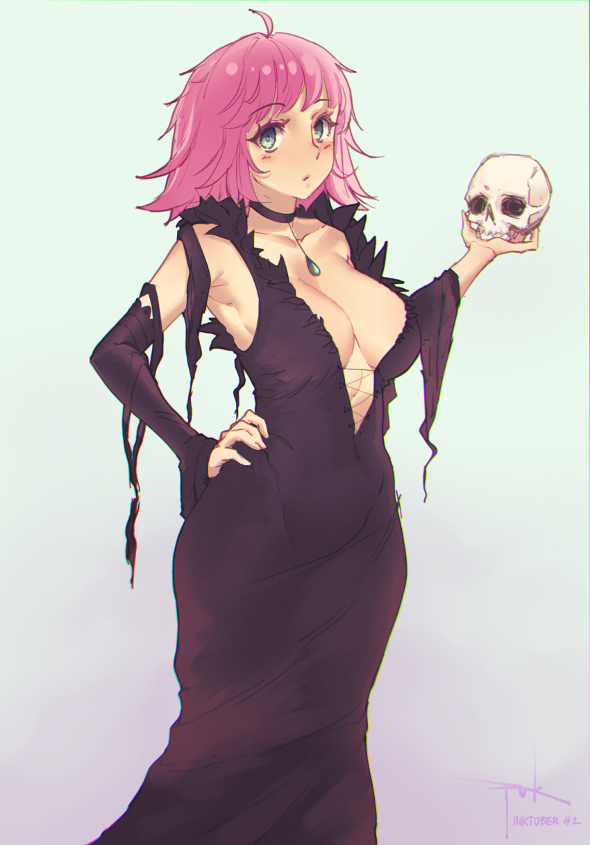 ahoge black_choker breasts choker cleavage commentary_request detached_sleeves dress female green_eyes halloween halloween_costume hand_on_own_hip highres holding holding_skull jewelry large_breasts long_dress n1rv_ann-a no_bra pendant pink_hair plunging_neckline puk_(higanbana_doujin) sam_(n1rv_ann-a) short_hair simple_background skull solo