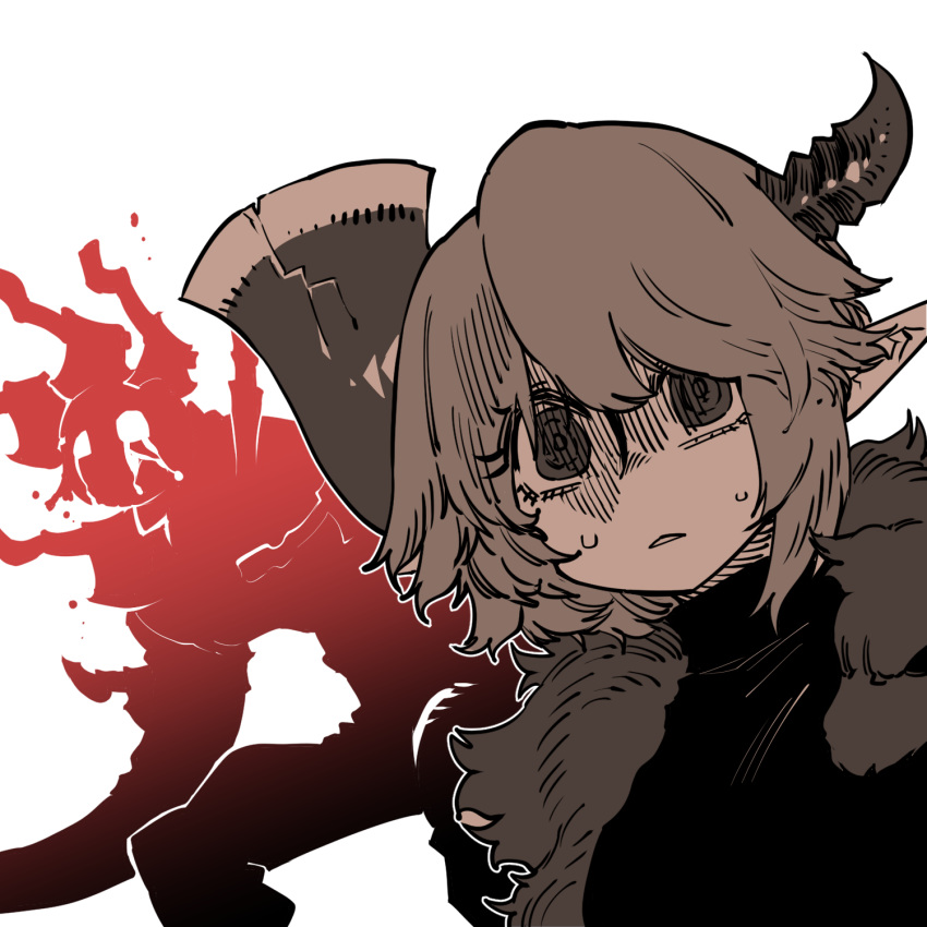 axehorn_(ssambatea) black_dress dress female highres horns korean_commentary looking_at_viewer original pelt pointy_ears ringed_eyes short_hair solo_focus ssambatea turn_pale white_background wide-eyed