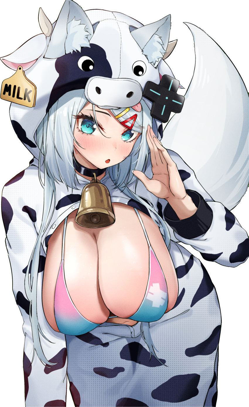 :o absurdres animal_costume animal_ear_fluff animal_ears animal_print bell bikini bikini_top_only blue_eyes breasts cow_costume cow_print cowbell ear_tag female fox_ears fox_girl fox_tail highres huge_breasts long_hair long_sleeves looking_at_viewer meridian_project mizuki_(vtuber) multicolored_bikini multicolored_clothes navel neck_bell oukafafafa simple_background solo swimsuit tail virtual_youtuber white_background white_hair