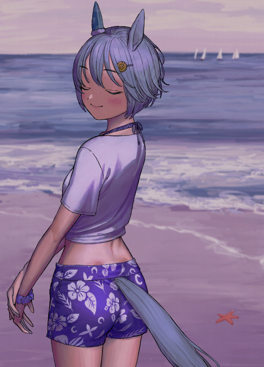 absurdres animal_ears beach blush boat breasts closed_eyes curry_soba facing_viewer female gaze_on_me!_outfit_(umamusume) grey_hair hair_ornament hairclip highres horse_ears horse_girl horse_tail midriff ocean outdoors seiun_sky_(umamusume) short_hair shorts smile solo starfish tail umamusume watercraft