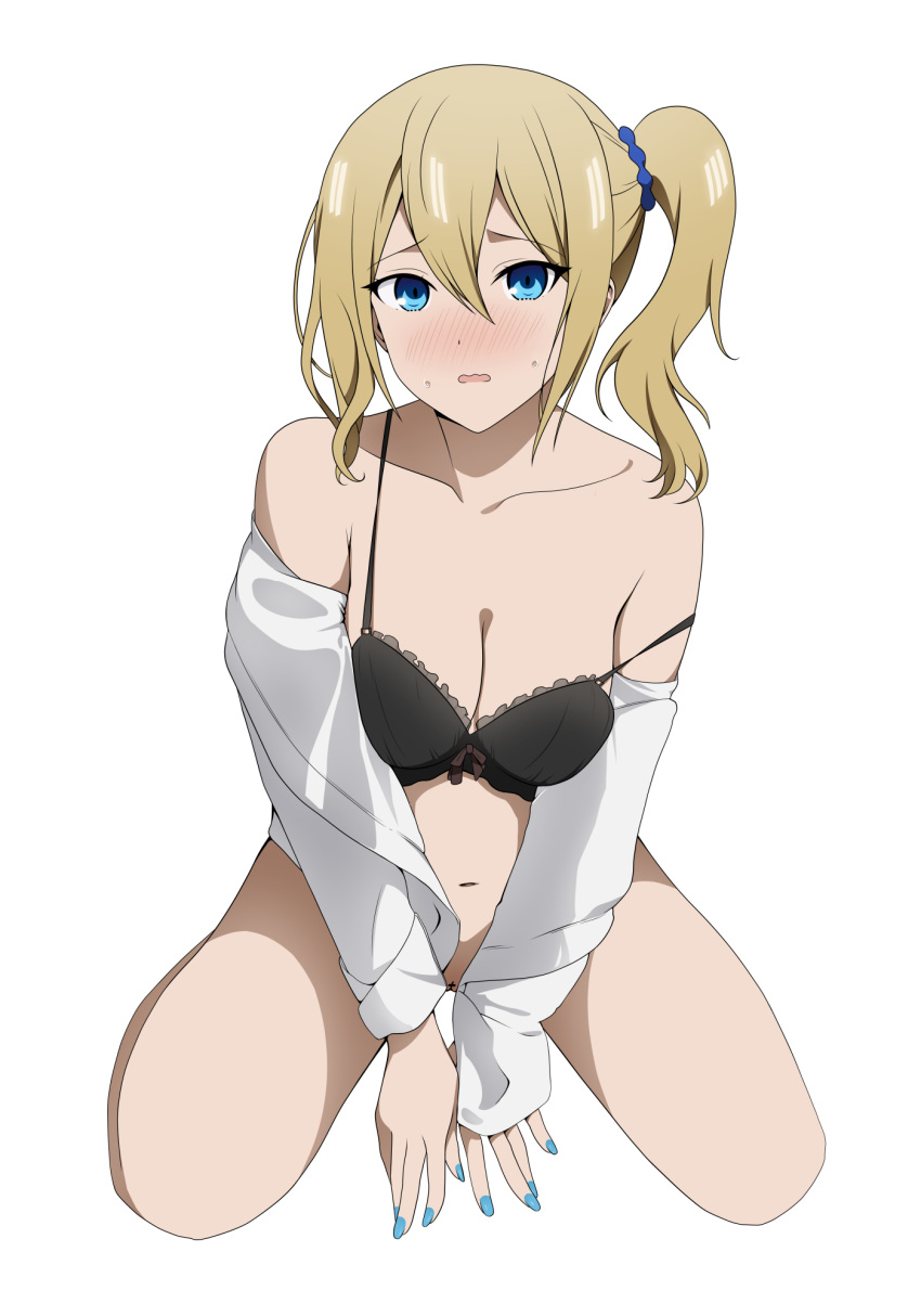 bar_censor blonde_hair blue_eyes blue_scrunchie blush bra breasts censored cleavage collarbone coro_fae female hair_between_eyes hair_ornament hair_scrunchie hayasaka_ai highres kaguya-sama_wa_kokurasetai_~tensai-tachi_no_renai_zunousen~ long_hair long_sleeves looking_at_viewer medium_breasts nail_polish pointless_censoring pussy scrunchie side_ponytail sidelocks solo sweat thighs underwear