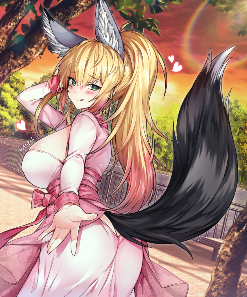 animal_ear_fluff animal_ears black_tail blonde_hair blush bow breasts dress female fox_ears fox_tail green_eyes heart highres large_breasts licking_lips long_hair looking_at_viewer mal_poi multicolored_hair original outdoors park pink_hair ponytail ribbon smile solo tail tail_through_clothes tongue tongue_out two-tone_hair water