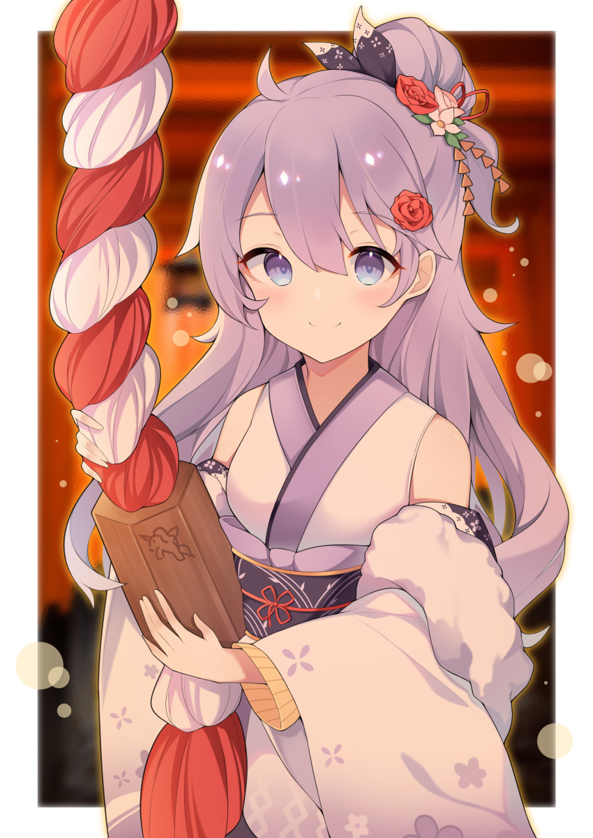 absurdres ahoge azur_lane blurry blurry_background bokeh closed_mouth commentary_request depth_of_field detached_sleeves female flower hair_between_eyes hair_flower hair_ornament hair_ribbon highres japanese_clothes kanzashi kimono kouhaku_nawa looking_at_viewer new_year obi obiage obijime official_alternate_costume one_side_up outside_border paaru photoshop_(medium) purple_eyes purple_hair ribbon rope sash shimenawa shrine shrine_bell sidelocks smile solo torii tsumami_kanzashi unicorn_(azur_lane) unicorn_(prayer_of_plum_and_snow)_(azur_lane) upper_body white_kimono wide_sleeves