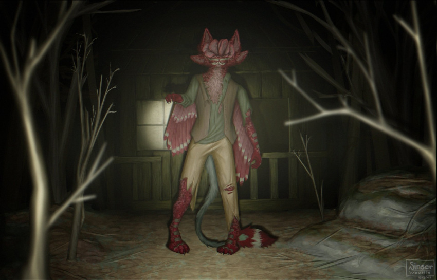 abandoned_building anthro avali avian blind bottomwear clicker_(tlou) clothing colored cordyceps dead_tree detailed detailed_background digital_drawing_(artwork) digital_media_(artwork) disability feathers flashlight forest forest_background hi_res high_quality horror_(theme) infected infection looking_at_viewer male nature nature_background naughty_dog night outside pants plant portrait red_body red_feathers rock shaded shambling sinser solo sony_corporation sony_interactive_entertainment standing teeth_showing the_last_of_us torn_bottomwear torn_clothing torn_pants tree undead walking window zombie