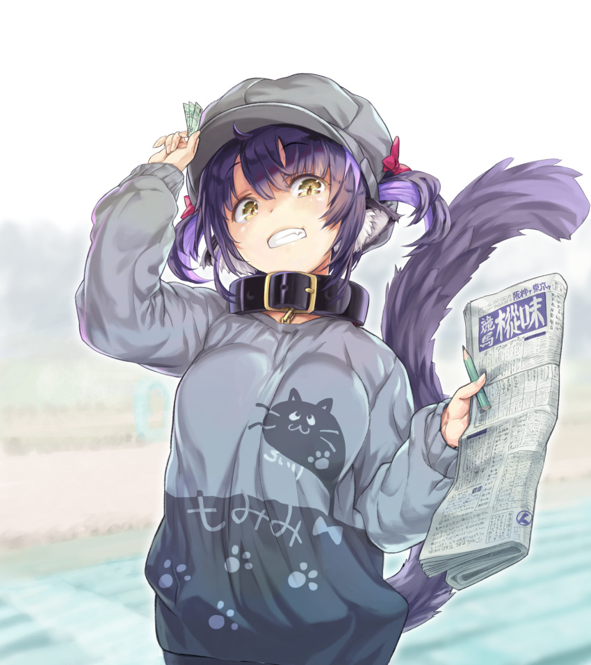 animal_ear_fluff animal_ears arm_up black_collar blurry blurry_background blush breasts cabbie_hat clenched_teeth collar commentary_request depth_of_field female grey_hat grey_shirt hair_between_eyes hair_through_headwear hat highres holding indie_virtual_youtuber kiyama_satoshi kuroike_momimi long_sleeves looking_at_viewer medium_breasts newspaper pen puffy_long_sleeves puffy_sleeves purple_hair shirt sleeves_past_wrists solo tail tail_raised teeth twintails virtual_youtuber yellow_eyes