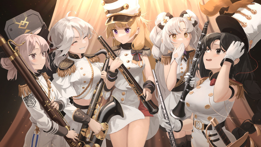 5girls absurdres ahoge animal aug_para_(girls'_frontline) aug_para_(serenade_no.10)_(girls'_frontline) band_uniform bassoon black_hair black_legwear blonde_hair braid braided_ponytail breasts brown_eyes brown_hair check_commentary chinese_commentary clarinet closed_eyes commentary commentary_request covering_own_mouth earrings epaulettes facial_mark flute general_liu_(girls'_frontline) general_liu_(musings_in_the_morn)_(girls'_frontline) girls'_frontline gloves grin hat highres holding holding_instrument instrument jewelry large_breasts lightning_bolt_symbol long_hair looking_at_another m200_(girls'_frontline) m200_(solemn_march)_(girls'_frontline) marching_band medium_breasts multiple_girls oboe official_alternate_costume official_art promotional_art purple_eyes rui_(rei_leyi) saxophone shako_cap short_hair skirt sl8_(girls'_frontline) sl8_(improvised_rhapsody)_(girls'_frontline) smile squirrel standing tenor_saxophone thighhighs very_long_hair vhs_(girls'_frontline) vhs_(swan_lake_scherzo)_(girls'_frontline) white_gloves white_hair white_headwear white_skirt