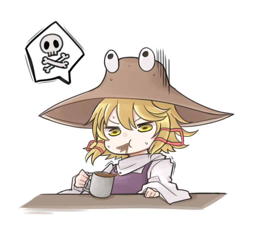 absurdres blonde_hair blush bone brown_hat closed_mouth coffee cup dress drink drinking female hair_between_eyes hair_ornament hand_up hat highres long_sleeves looking_away moriya_suwako purple_dress pyonta shiki_karin shirt short_hair sitting skull solo table touhou white_shirt wide_sleeves yellow_eyes