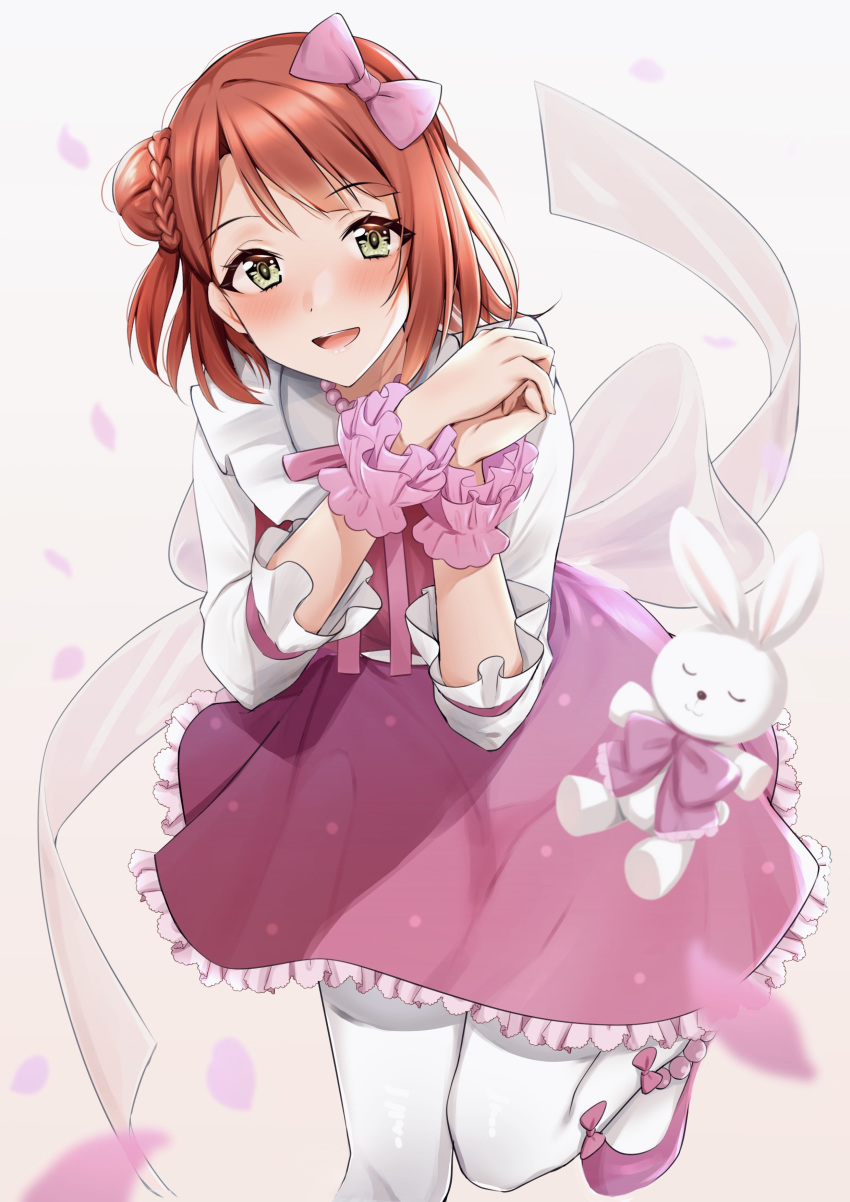 absurdres blush bow dream_with_you_(love_live!) dress female green_eyes hair_bun hairbow highres kitaku_(nakamachi_machi) lolita_fashion love_live! love_live!_nijigasaki_high_school_idol_club open_mouth pantyhose pinafore_dress pink_dress red_hair shoes short_hair simple_background single_hair_bun sleeveless sleeveless_dress solo standing standing_on_one_leg stuffed_animal stuffed_toy uehara_ayumu white_pantyhose wrist_cuffs