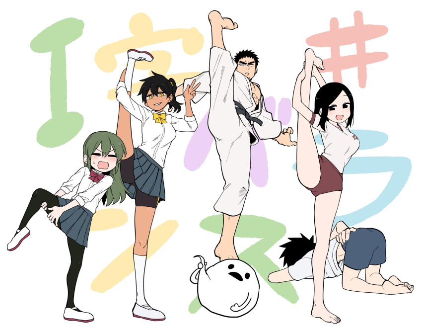 2boys 3girls aged_down arm_behind_back artist_self-insert barefoot belt bike_shorts black_belt black_eyes black_hair black_legwear blush bow buruma dougi facial_hair failure full_body goatee green_hair gym_uniform hair_down highres igarashi_futaba_(shiromanta) kazama_souta kneeling kurobe_natsumi_(shiromanta) looking_at_viewer martial_arts_belt medium_hair mole mole_under_eye multiple_boys multiple_girls muscular muscular_male oerba_yun_fang open_mouth pantyhose parted_lips pectorals sakurai_touko senpai_ga_uzai_kouhai_no_hanashi shiromanta shiromanta_(character) shirt shoes shorts shorts_under_skirt simple_background smile split standing standing_on_one_leg standing_split struggling stubble sweatdrop t-shirt takeda_harumi_(shiromanta) tan thick_eyebrows underwear uwabaki v wavy_mouth white_background yellow_eyes