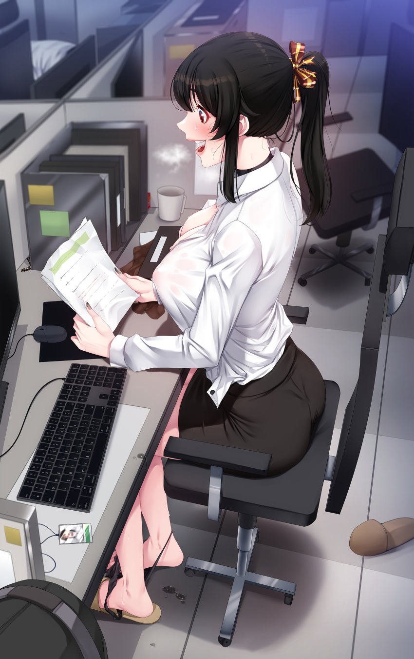 :d absurdres akchu ass back barefoot black_hair black_nails black_panties blush breasts chair chobi_(akchu) commentary_request computer_keyboard computer_mouse covered_nipples female highres id_card monitor office_lady open_mouth original panties panty_pull partial_commentary pencil_skirt photoshop_(medium) ponytail pussy_juice pussy_juice_puddle red_eyes saliva see-through skirt slippers smile solo sweat sweaty_clothes teeth underwear wet wet_clothes