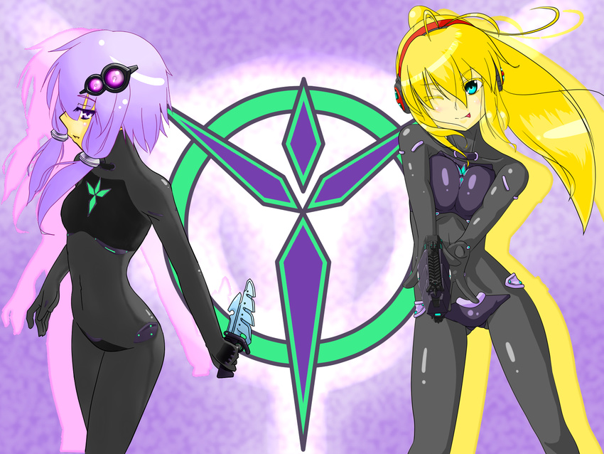 2girls ;p antenna_hair aqua_eyes blonde_hair bodysuit breasts breasts_squeezed_together combat_knife commentary_request cosplay crossover final_fight genryuusai_maki gun hair_ornament handgun headphones highres knife long_hair multiple_girls narrow_waist one_eye_closed planetside ponytail purple_eyes purple_hair reverse_grip short_hair short_hair_with_long_locks sidelocks skin_tight small_breasts suiren_(cyan_cat) tongue tongue_out vanu_infiltrator vocaloid voiceroid weapon yuzuki_yukari