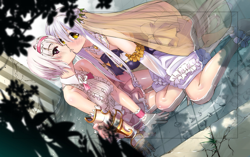 2girls alstroemeria_(flower_knight_girl) bare_arms barefoot blonde_hair blush breasts commentary_request dress dutch_angle flower_knight_girl hairband long_hair looking_at_viewer medium_breasts multiple_girls partially_submerged photoshop_(medium) pink_eyes royal_princess_(flower_knight_girl) sasayuki shallow_water short_hair sitting water white_hair wrist_cuffs yellow_eyes yokozuwari yuri