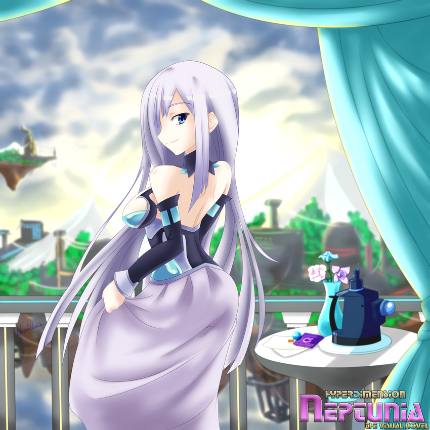 alternate_form backless_outfit bare_shoulders blue_eyes breasts choujigen_game_neptune compile_heart detached_sleeves dress female hair_over_one_eye idea_factory long_hair looking_at_viewer magiquone medium_breasts nepped_waifu neptune_(series) shiny shiny_hair shiny_skin sideboob silver_hair smile solo very_long_hair