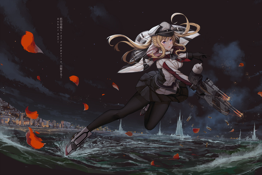 black_gloves black_pantyhose blonde_hair blush breasts capelet city commentary_request female german_text gloves graf_zeppelin_(kancolle) hat highres kantai_collection long_hair long_sleeves machinery medium_breasts necktie night night_sky pantyhose peaked_cap petals pleated_skirt purple_eyes ranguage sekigan shell_casing skirt sky solo translated turret twintails water