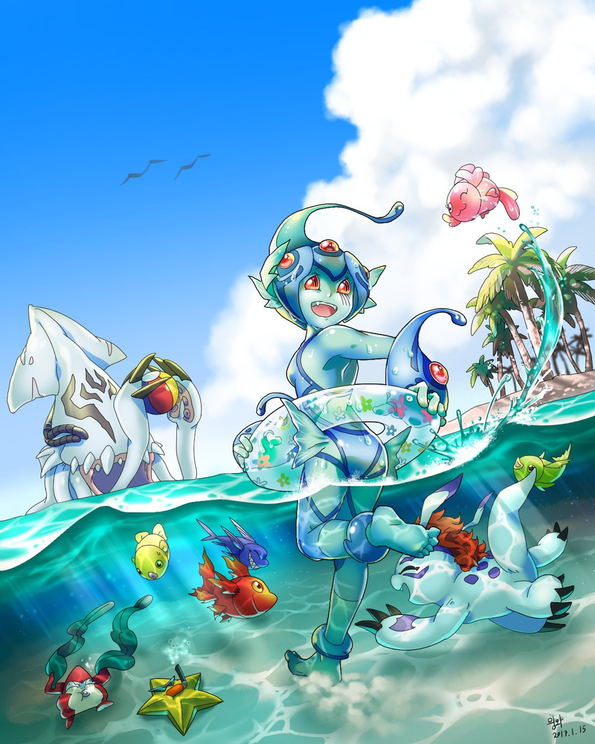 artist_name ass bandai barefoot beach breasts claws dated digimon fangs female female fish gesomon gloves gomamon happy looking_back monster_girl one-piece_swimsuit pickmon ranamon red_eyes running sky smile starmon swimming swimsuit water wink