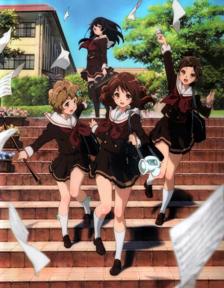 4girls absurdres arm_up artist_request bag black_bag black_hair black_thighhighs blonde_hair blue_sky blush bow bow_(music) brown_eyes brown_footwear brown_hair brown_shirt brown_skirt closed_mouth expressionless green_eyes hair_ornament hairbow hairclip hand_up hibike!_euphonium highres holding instrument_case katou_hazuki kawashima_sapphire kitauji_high_school_uniform kneehighs kousaka_reina loafers long_hair long_sleeves mouthpiece multiple_girls neckerchief official_art open_mouth oumae_kumiko outdoors paper pleated_skirt purple_eyes red_neckerchief sailor_collar scan school_bag school_uniform serafuku sheet_music shirt shoes short_hair skirt sky smile socks stairs thighhighs tree tuba-kun white_sailor_collar white_socks zettai_ryouiki