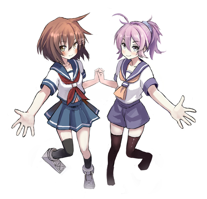 2girls ahoge aoba_(kancolle) asymmetrical_legwear bad_id bad_pixiv_id black_socks black_thighhighs blue_eyes blue_scrunchie blush brown_hair commentary_request furutaka_(kancolle) highres holding_hands interlocked_fingers kantai_collection karashi_(tou_gara_shi) kneehighs multiple_girls neckerchief outstretched_arm outstretched_hand pink_hair pleated_skirt ponytail sailor_collar school_uniform scrunchie serafuku short_hair shorts skirt smile socks thighhighs uneven_legwear white_background yellow_eyes