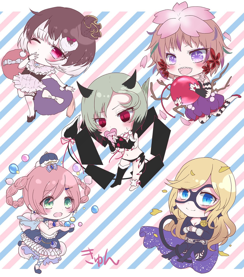 5girls blue_eyes bluebell_candy blush bodysuit branch bubble candy cape chibi commentary_request cushion domino_mask dress flower food fukuroi_marika green_eyes hair_flower hair_ornament highres horns kyun_(vacaloid) magical_girl mahou_shoujo_ikusei_keikaku mahou_shoujo_ikusei_keikaku_jokers mahou_shoujo_ikusei_keikaku_limited mahou_shoujo_ikusei_keikaku_restart maou_pam mask masked_wonder multicolored_hair multiple_girls one_eye_closed petals purple_eyes red_eyes sharp_teeth short_hair skirt striped striped_background styler_mimi tail teeth two-tone_hair