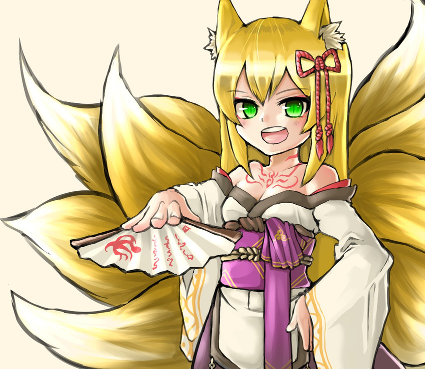 animal_ears artist_request bare_shoulders blonde_hair fan female female foreshortening green_eyes hair_ornament hand_on_hip hashimoto_(soukidann2010) japanese_clothes long_hair mon-musu_quest! monster_girl multiple_tails open_mouth shoulders solo tail tamamo_(mon-musu_quest!) tattoo