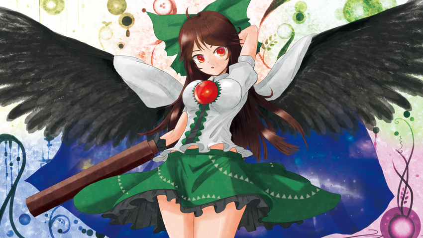 :o arm_cannon black_wings blush bow breasts brown_hair cape commentary_request feathered_wings female green_bow green_skirt hairbow highres long_hair medium_breasts open_mouth photoshop_(medium) puffy_short_sleeves puffy_sleeves red_eyes reiuji_utsuho ribbon short_sleeves skirt solo sora_(dankesehr) third_eye touhou weapon wings