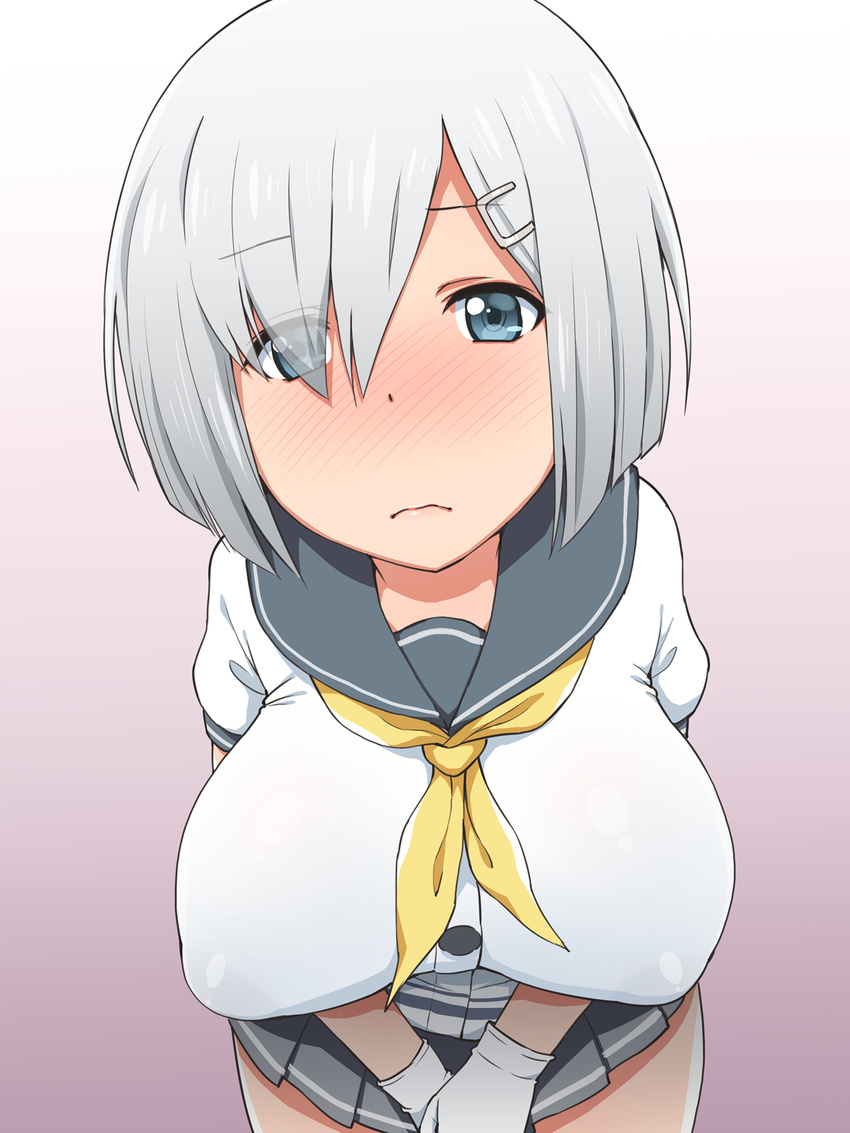 blue_eyes blush breasts closed_mouth elf_k embarrassed eyebrows eyebrows_visible_through_hair female full-face_blush gloves hair_over_one_eye hamakaze_(kantai_collection) hands_together highres kantai_collection large_breasts legs looking_at_viewer school_uniform short_hair silver_hair simple_background skirt solo thighs white_gloves white_hair