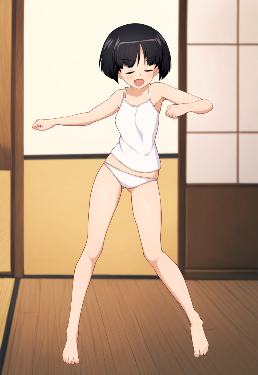 artist_request ass_visible_through_thighs black_hair blush breasts closed_eyes dancing female girls_und_panzer highres indoors open_mouth panties shirt short_hair small_breasts smile solo sono_midoriko source_request underwear white_panties white_shirt wooden_floor