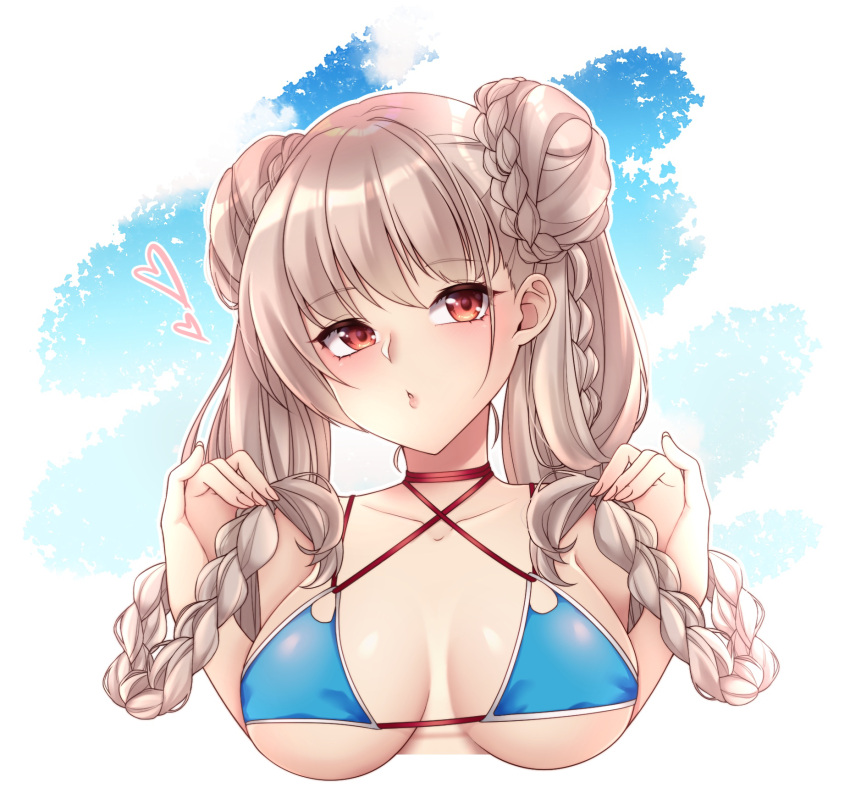 azur_lane bikini blue_bikini braid braided_bun breasts day double_bun female formidable_(azur_lane) formidable_(the_lady_of_the_beach)_(azur_lane) hair_bun halterneck heart highres holding holding_own_hair light_brown_hair medium_breasts multi-strapped_bikini_top nubechian0528 outdoors red_eyes solo swimsuit twin_braids upper_body