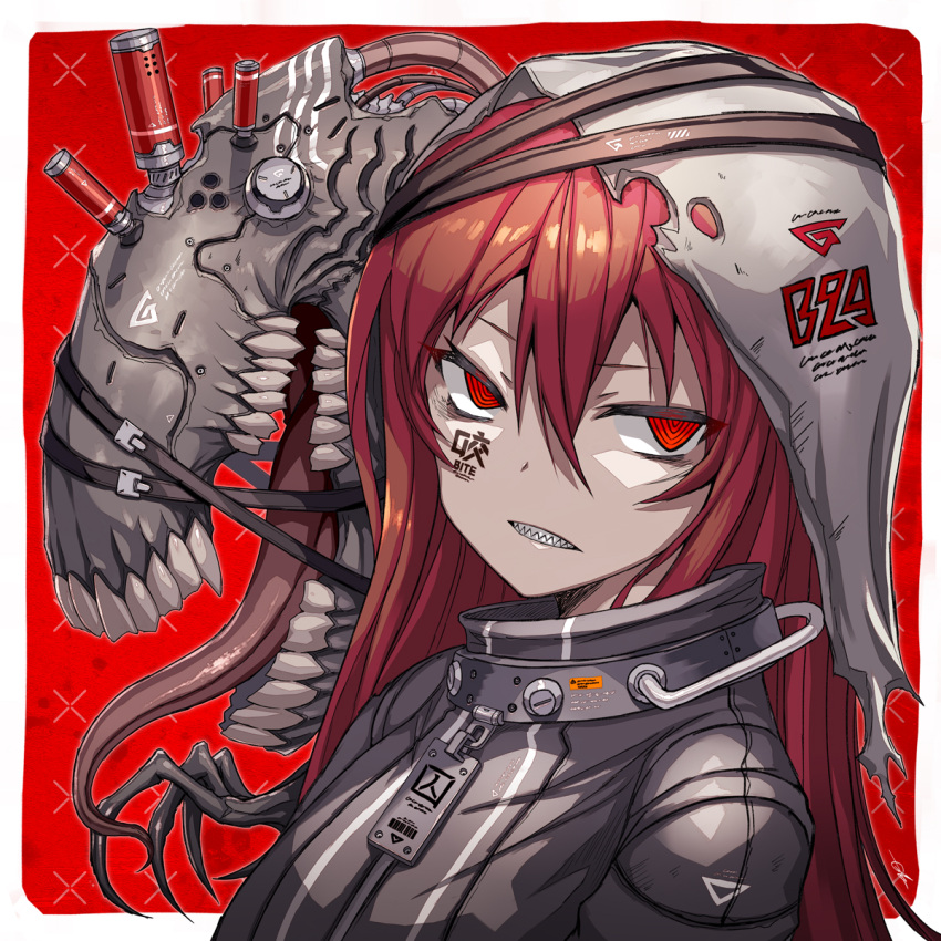 cyberpunk facial_tattoo female gia highres long_hair looking_at_viewer mecha_musume original red_eyes red_hair sharp_teeth solo tattoo teeth upper_body