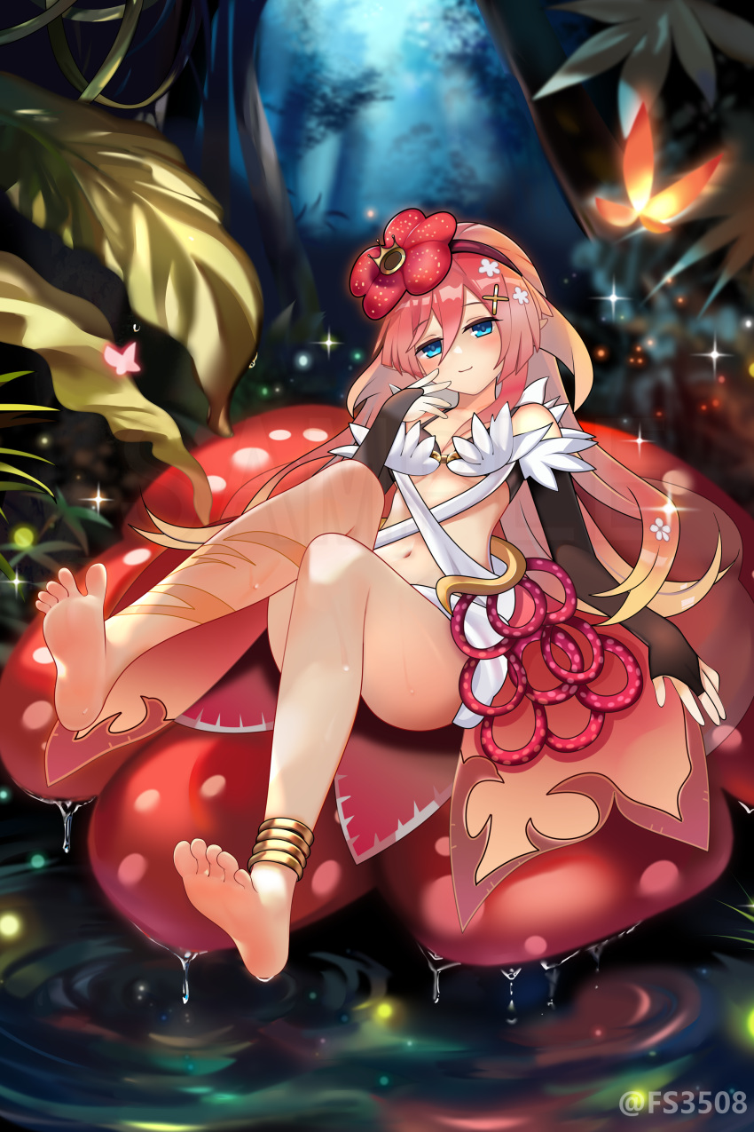 absurdres barefoot blue_eyes breasts bush commission detached_sleeves duel_monster feet female flower fs_(sdamsd21321) highres jungle legs long_hair midriff nature navel pink_hair rafflesia_(flower) small_breasts smile soles solo stomach toes traptrix_rafflesia tree water wetland yu-gi-oh!