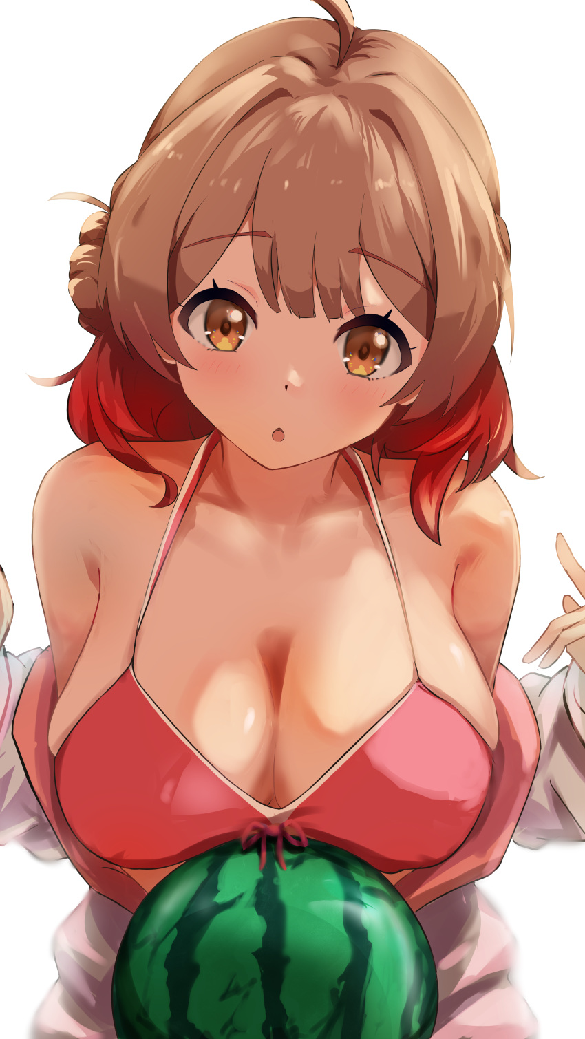 :o absurdres ahoge bikini blush breast_rest breasts brown_hair cleavage collarbone commentary_request female food front-tie_bikini_top front-tie_top fruit gakuen_idolmaster gradient_hair hair_bun halterneck hanami_ume highres idolmaster jacket jacket_partially_removed kimi_to_semi_blue_(idolmaster) large_breasts looking_at_viewer multicolored_hair red_bikini red_hair sanami_(sanami_t_38) simple_background single_side_bun solo swimsuit two-sided_fabric two-sided_jacket upper_body watermelon white_background white_jacket