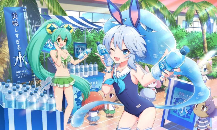 +_+ 2girls ;d animal_ears aqua_hair artist_request bare_arms bare_shoulders bikini blue_hair blue_nails blue_neckerchief blue_one-piece_swimsuit bottle bow breasts bush cleavage corriente_(show_by_rock!!) covered_navel cowboy_shot day frilled_bikini frills frog_girl green_bikini hairbow hand_on_own_cheek hand_on_own_face high_ponytail holding holding_bottle jacklyn_(show_by_rock!!) long_hair looking_at_viewer multiple_girls nail_polish neckerchief official_art one-piece_swimsuit one_eye_closed open_mouth palm_tree people ponytail pool rabbit_ears rabbit_girl rabbit_tail sailor_collar sailor_one-piece_swimsuit short_hair show_by_rock!! smile sparkle standing striped_bow swimsuit tadpole_tail tail third-party_source tree water_bottle