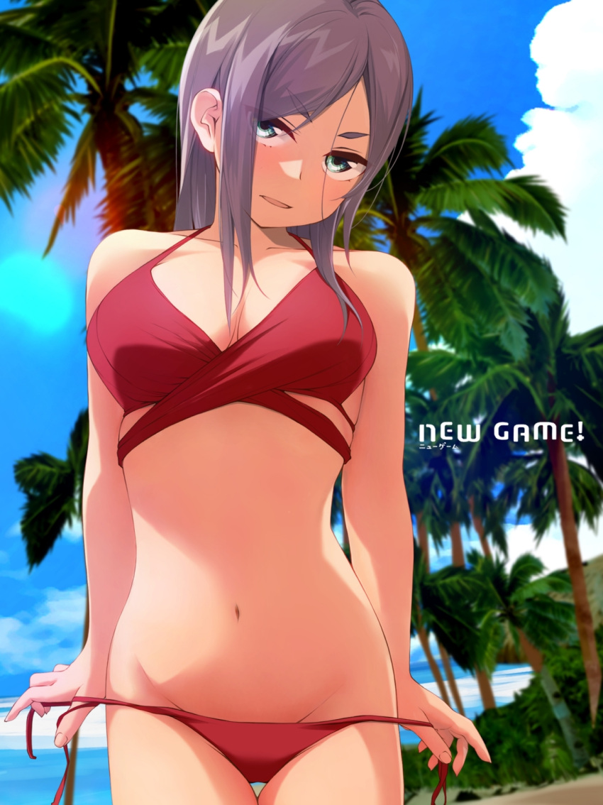 ahagon_umiko beach bikini bikini_bottom_pull blue_eyes blush breasts brown_hair chuutaro_metal cloud female highres long_hair looking_at_viewer navel new_game! ocean open_mouth palm_tree pulling_own_clothes red_bikini solo swimsuit tree untied_bikini v-shaped_eyebrows