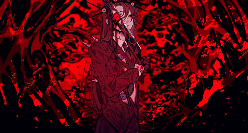 1other absurdres blood blood_on_clothes blood_on_face collared_shirt crown_of_thorns e.g.o_(project_moon) employee_(project_moon) gloves highres holding holding_sword holding_weapon jacket lobotomy_corporation long_hair long_sleeves mimicry_(e.g.o) necktie pants project_moon red_gloves red_hair red_jacket red_necktie red_pants shirt solo sword upper_body very_long_hair weapon white_shirt yasuihiruya