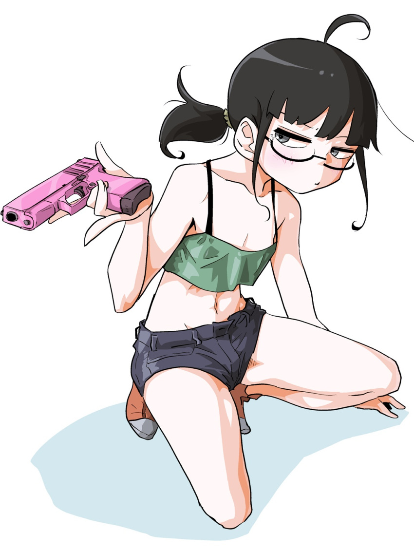 :t ahoge black_hair blue_eyes female glasses gun half-closed_eyes handgun highres holding holding_gun holding_weapon ido_romeko jitome junk_gaming_maiden kneeling midriff navel ponytail semi-rimless_eyewear short_shorts shorts sideways_glance simple_background socks solo stggc trigger_discipline unbuttoned weapon white_background