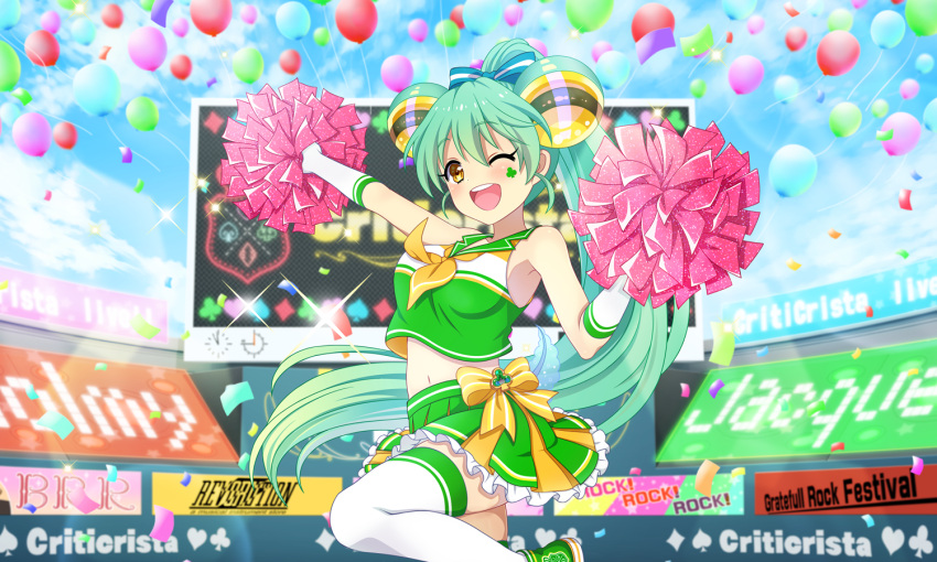 ;d artist_request balloon bare_shoulders blue_sky bow cheerleader cloud confetti cowboy_shot crop_top day elbow_gloves facial_mark female frilled_skirt frills frog_girl gloves green_hair green_skirt hairbow high_ponytail holding holding_pom_poms jacklyn_(show_by_rock!!) leg_up long_hair looking_at_viewer navel neckerchief official_art one_eye_closed open_mouth pom_pom_(cheerleading) ponytail shirt show_by_rock!! skirt sky smile solo sparkle stadium standing standing_on_one_leg striped_bow tadpole_tail thighhighs third-party_source white_gloves white_shirt white_thighhighs yellow_eyes yellow_neckerchief