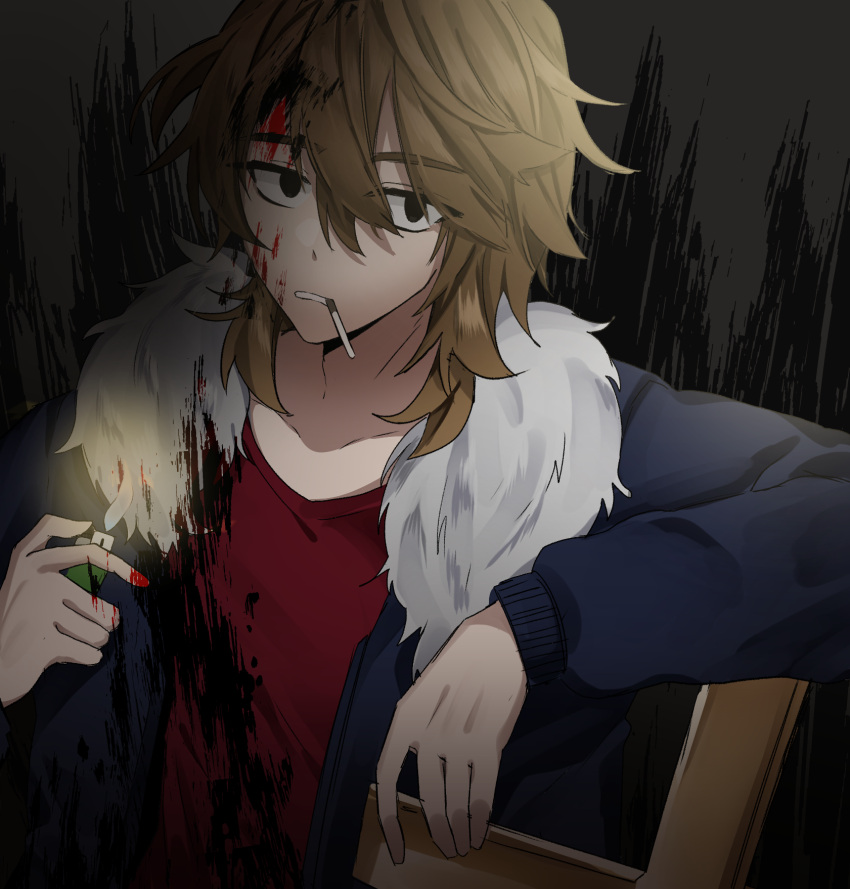 1boy black_eyes blood blood_in_hair blood_on_clothes blood_on_face blood_on_hands blue_jacket brown_hair cigarette fur-trimmed_jacket fur_trim hair_between_eyes highres holding holding_lighter isoi_reiji jacket lighter long_sleeves male_focus medium_hair open_clothes open_jacket red_shirt s4mana saibou_shinkyoku sanpaku shirt solo upper_body zippo_lighter