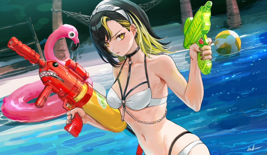 asymmetrical_bangs ball bare_arms bare_shoulders beachball bikini black_hair black_nails blonde_hair breasts closed_mouth dual_wielding ear_piercing female finger_on_trigger from_side holding holding_water_gun idolmaster idolmaster_shiny_colors ikaruga_luca inflatable_flamingo infukun looking_at_viewer medium_hair multi-strapped_bikini_bottom multicolored_hair navel o-ring o-ring_bikini piercing serious sideways_glance signature solo swimsuit two-tone_hair upper_body v-shaped_eyebrows water water_gun white_bikini yellow_eyes