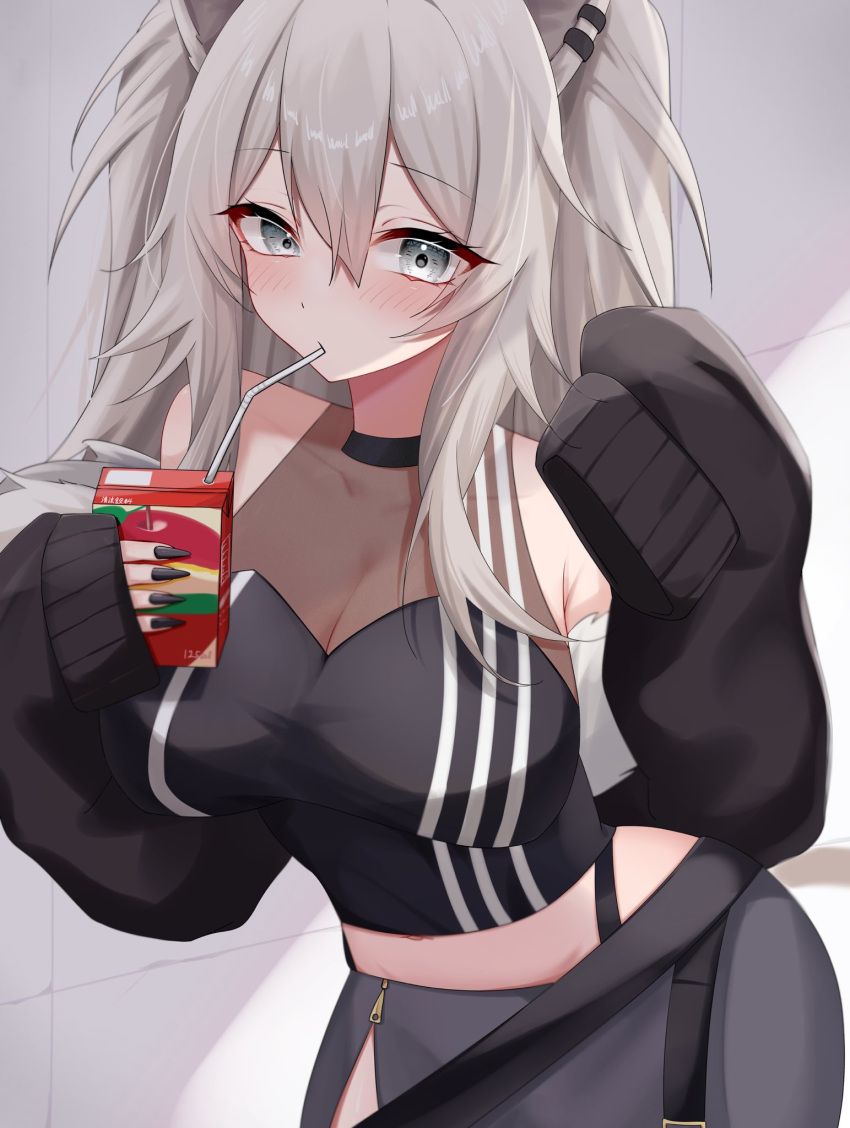 ahoge animal_ear_piercing animal_ears apple_juice bendy_straw black_nails breasts carton cleavage drink drinking drinking_straw drinking_straw_in_mouth ear_piercing female fur-trimmed_jacket fur_trim grey_eyes grey_hair hair_between_eyes highres holding holding_carton holding_drink hololive jacket jewelry juice juice_box large_breasts lion_ears lion_girl lion_tail long_hair looking_at_viewer open_mouth piercing see-through see-through_cleavage shina_eno3 shirt shishiro_botan shishiro_botan_(1st_costume) single_leg_pantyhose skirt smile solo sports_bra striped_sports_bra tail two_side_up vertical-striped_sports_bra virtual_youtuber zipper_skirt