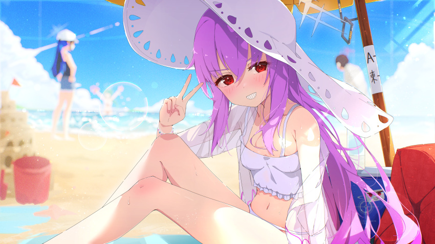 absurdres arius_squad_(blue_archive) atsuko's_grin_(meme) atsuko_(blue_archive) atsuko_(swimsuit)_(blue_archive) beach_umbrella bikini blue_archive blurry blurry_background frilled_bikini frills grey_halo halo hat highres hiyori_(blue_archive) hiyori_(swimsuit)_(blue_archive) jacket looking_at_viewer meme misaki_(blue_archive) misaki_(swimsuit)_(blue_archive) off_shoulder official_alternate_costume official_art purple_hair saori_(swimsuit)_(blue_archive) see-through see-through_jacket sitting smile spice_mega sun_hat swimsuit umbrella v white_bikini white_hat