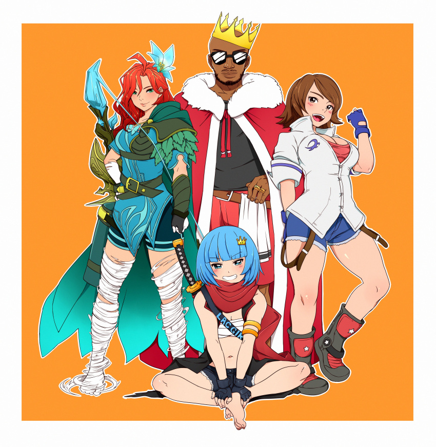 1boy 3girls :d absurdres ahoge bald bandaged_leg bandages bare_shoulders barefoot belt black_cloak black_gloves black_shirt blue_eyes blue_gloves blue_hair blunt_bangs blush boots border bow_(weapon) breasts brown_eyes brown_hair cape chest_sarashi cleavage cloak closed_mouth collared_shirt crown crown_hair_ornament dark-skinned_male dark_skin denim denim_shorts dota_(series) dota_2 english_commentary feather-trimmed_cape fingerless_gloves flower full_body fur-trimmed_cape fur_trim gauntlets gloves green_cape green_eyes grin hair_flower hair_ornament hand_on_own_hip hands_on_feet highres jewelry katana kazama_asuka klaudsanart lacari_(gamer) large_breasts long_hair looking_at_viewer multiple_girls navel no_shoes open_mouth orange_background orange_hair original outline red_cape ring sarashi second-party_source sheath sheathed shirt short_hair short_shorts short_sleeves shorts simple_background single_gauntlet single_shoulder_pad sitting small_breasts smile standing stomach sunglasses suspender_shorts suspenders sword teeth tekken tekken_7 upper_teeth_only weapon white_border white_outline white_shirt windranger_(dota)