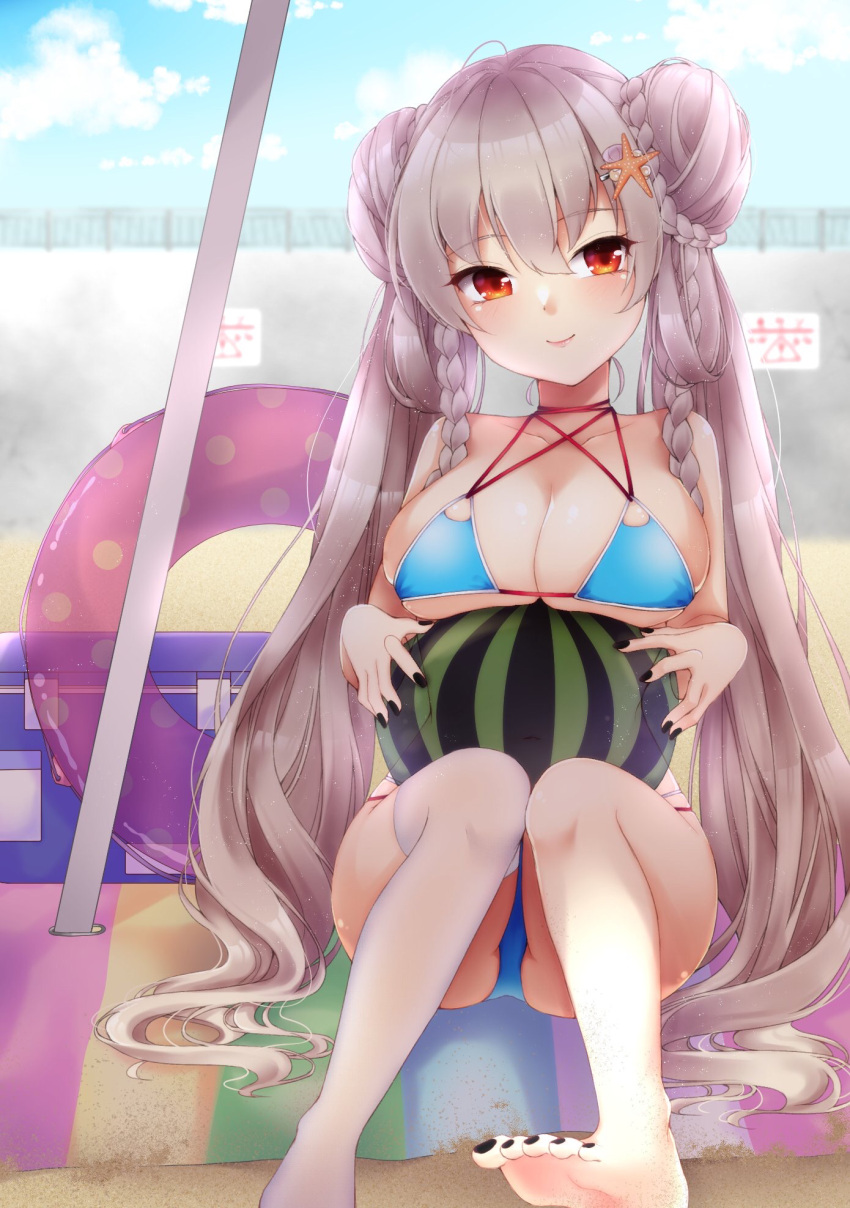 azur_lane barefoot beach beach_towel bikini black_nails blue_bikini braid braided_bun breasts day double_bun female food foot_out_of_frame formidable_(azur_lane) formidable_(the_lady_of_the_beach)_(azur_lane) fruit hair_bun highres holding holding_food holding_fruit innertube large_breasts long_hair looking_at_viewer multi-strapped_bikini_top nubechian0528 official_alternate_costume outdoors pole red_eyes single_thighhigh sitting starfish_hair_ornament swim_ring swimsuit thighhighs towel twin_braids very_long_hair watermelon