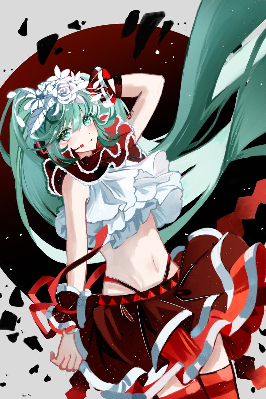 absurdres aqua_eyes aqua_hair arm_behind_head bg5120 bless_you_(module) commentary cropped_shirt female floating_clothes floating_hair flower frilled_shirt frills hair_flower hair_ornament hatsune_miku headphones highres long_hair looking_at_viewer midriff navel nisoku_hokou_(vocaloid) official_alternate_costume parted_lips project_diva_(series) project_diva_f_2nd red_ribbon red_skirt red_thighhighs ribbon shirt shoulder_tattoo skirt solo tattoo thighhighs twintails very_long_hair vocaloid white_flower white_trim wireless_microphone wrist_cuffs zettai_ryouiki