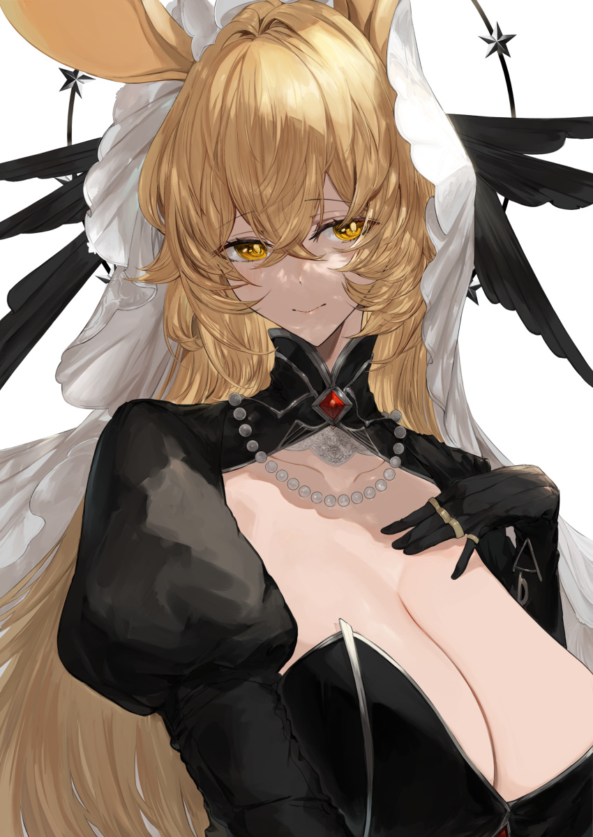 absurdres animal_ears arknights black_gloves blonde_hair breasts cleavage dorothy_(arknights) dorothy_(hand_of_destiny)_(arknights) female gloves hand_on_own_chest highres jewelry juliet_sleeves kajuu large_breasts long_sleeves multiple_rings official_alternate_costume puffy_sleeves rabbit_ears ring smile solo turtleneck upper_body veil yellow_eyes