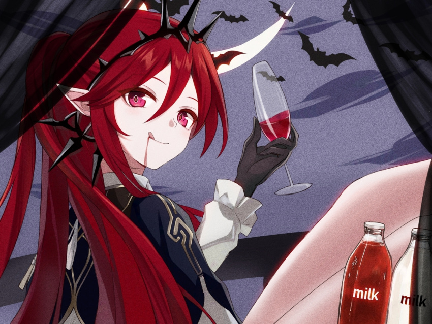 bat_(animal) black_gloves commentary_request cup drinking_glass female gangshangguang_(smjy5842) gloves hair_between_eyes highres holding holding_cup honkai:_star_rail honkai_(series) licking_lips long_hair long_sleeves looking_at_viewer looking_back obsidian_(honkai:_star_rail) pointy_ears ponytail red_eyes solo tongue tongue_out