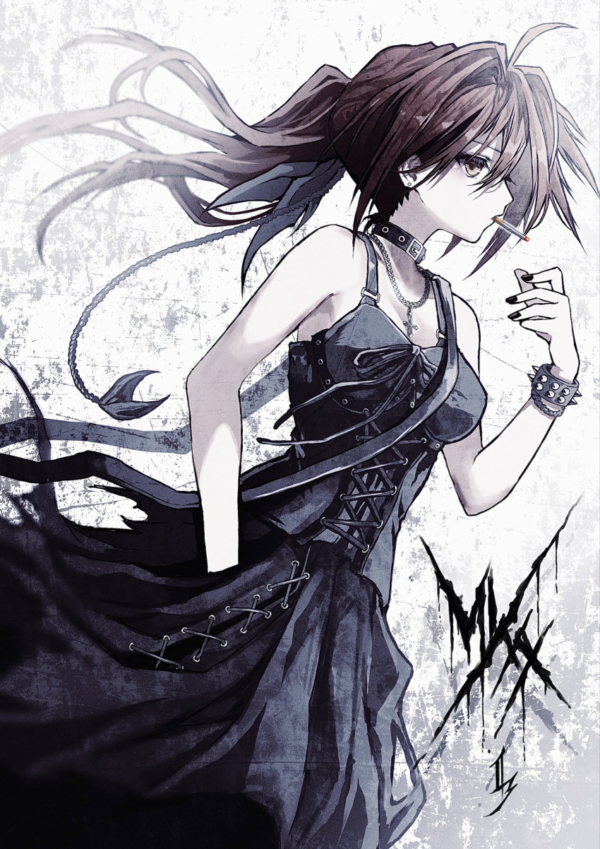 ahoge black_collar black_corset black_dress black_nails bracelet braid brown_eyes brown_hair chain_necklace chains collar corset cowboy_shot cross cross_necklace dress female hair_intakes hand_up high_ponytail highres jewelry long_hair minakami_yuki necklace simple_background solo spiked_bracelet spikes subarashiki_hibi tsui_no_sora white_background yu-ki_iwata