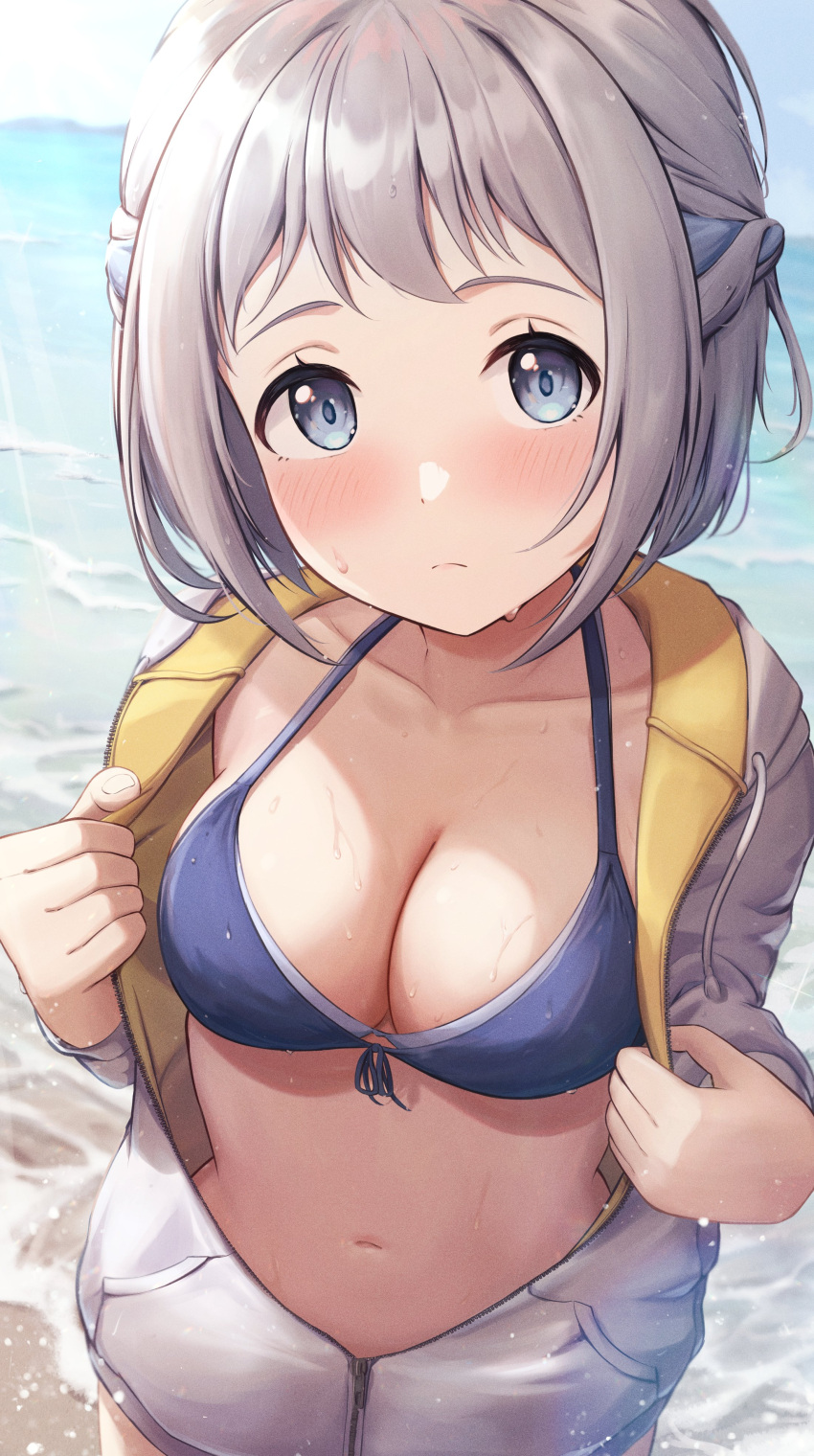 absurdres beach bikini blue_bikini blue_ribbon blush breasts cleavage collarbone female front-tie_bikini_top front-tie_top gakuen_idolmaster grey_hair hair_ribbon half_up_braid halterneck highres idolmaster jacket katsuragi_lilja kimi_to_semi_blue_(idolmaster) looking_at_viewer masuku_(saint_mask) medium_breasts navel outdoors ribbon ribbon_braid short_hair solo stomach sweat swimsuit two-sided_fabric two-sided_jacket white_jacket