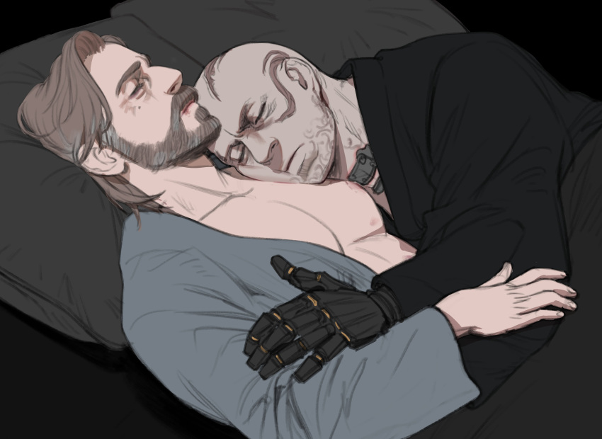 01lcg 2boys absurdres afterglow bald bara bare_pectorals beard cheek_press couple cuddling darth_vader facial_hair facial_tattoo full_beard highres large_pectorals lying male_focus mature_male multiple_boys nipples obi-wan_kenobi on_back on_bed open_clothes open_robe pectoral_pillow pectorals profile prosthesis prosthetic_arm robe simple_background star_wars star_wars:_revenge_of_the_sith tattoo upper_body yaoi