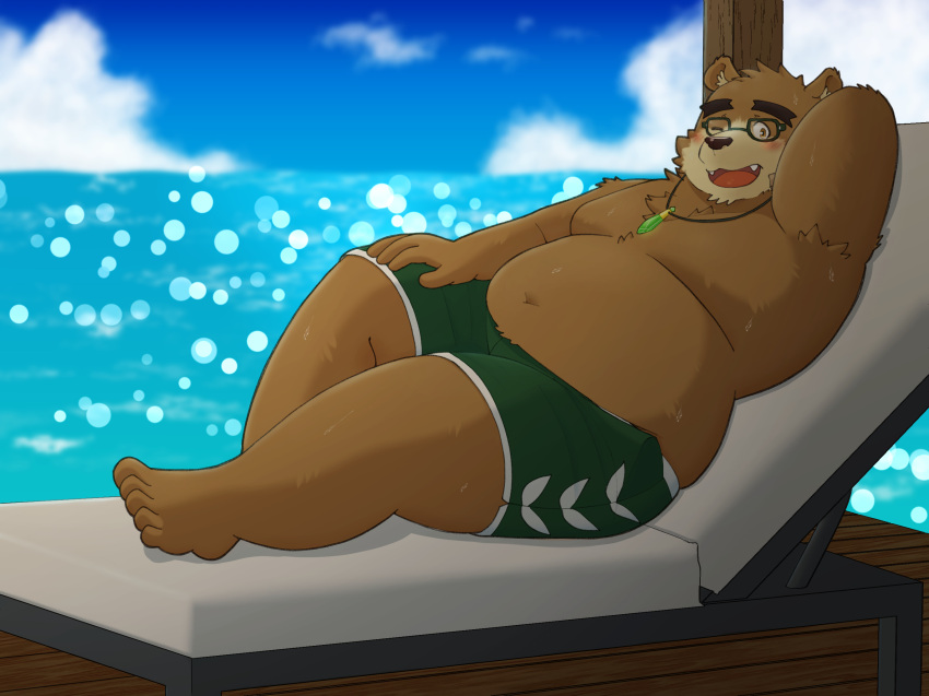 2024 anthro armpit_hair bear belly big_belly blush body_hair bottomwear brown_body brown_fur clothing cloud eyewear fur glasses hi_res kemono lifewonders male mammal moobs one_eye_closed overweight overweight_male shorts sitting solo tokyo_afterschool_summoners volos_(tas) water wink yaki_atsuage