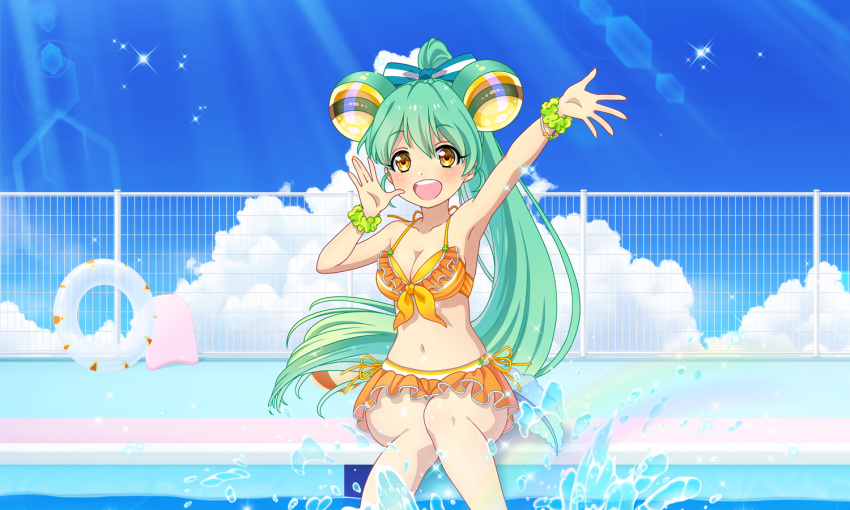 :d arm_up artist_request bare_shoulders bikini blue_sky bow bracelet breasts cleavage cloud collarbone day feet_out_of_frame female frilled_bikini frills frog_girl front-tie_bikini_top front-tie_top green_hair hairbow high_ponytail innertube jacklyn_(show_by_rock!!) jewelry knees_together_feet_apart long_hair looking_at_viewer navel official_art open_mouth outdoors outstretched_arm ponytail pool scrunchie show_by_rock!! sitting sky smile solo sparkle stomach striped_bow swim_ring swimsuit tadpole_tail third-party_source water wrist_scrunchie yellow_bikini yellow_eyes