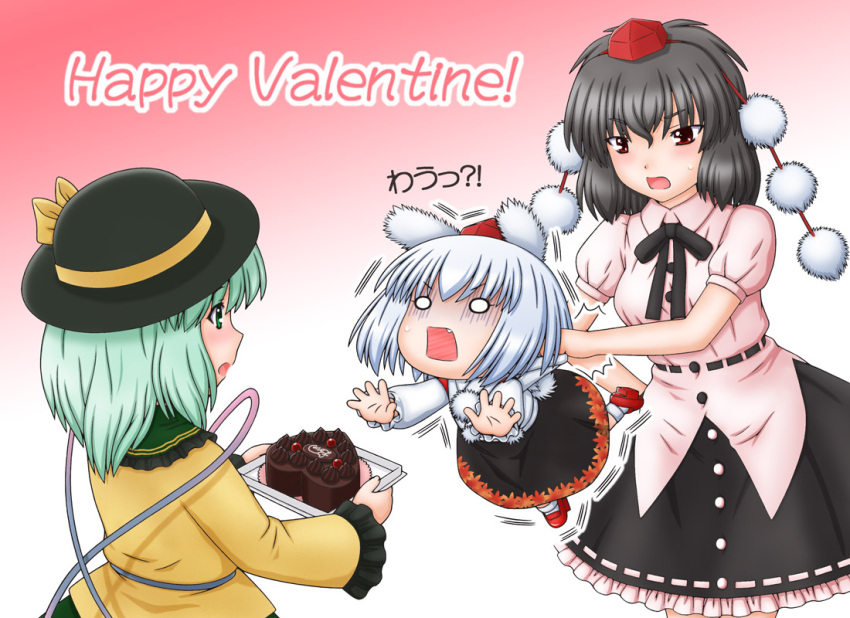 3girls animal_ears black_hair bow cake commentary_request food geta green_eyes green_hair grey_hair happy_valentine hat hat_bow heart-shaped_cake heart-shaped_food inubashiri_momiji komeiji_koishi kusanagi_ryuuichi long_sleeves multiple_girls pastry photoshop_(medium) pom_pom_(clothes) puffy_sleeves red_eyes shameimaru_aya short_hair short_sleeves tokin_hat touhou translated valentine wide_sleeves wolf_ears